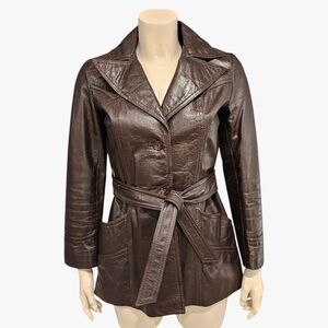 Vtg 70s Women Brown Leather Belted Jacket XS/S